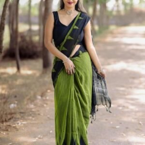 Women's Linen Kalamkari Printed Saree With Unstitched Blouse - 5.5 Mtr (Olive Green-Black)