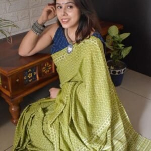 Women's Linen Printed Saree With Unstitched Blouse - 5.5 Mtr (Green)