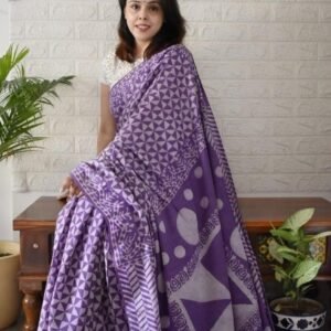Women's Linen Printed Saree With Unstitched Blouse - 5.5 Mtr (Purple)