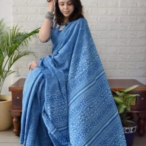 Women's Linen Printed Saree With Unstitched Blouse - 5.5 Mtr (Royal blue)
