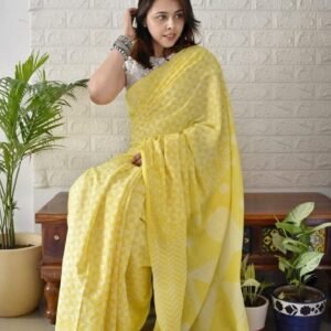 Women's Linen Printed Saree With Unstitched Blouse - 5.5 Mtr (Yellow)