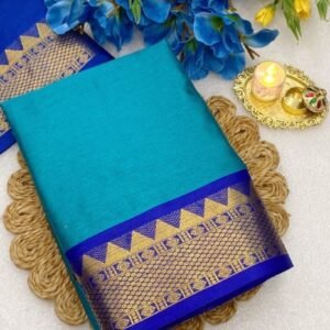 Women's Cotton Silk Striped Saree With Unstitched Blouse - 5.5 Mtr (Teal-Royal Blue)