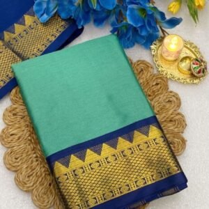 Women's Cotton Silk Striped Saree With Unstitched Blouse - 5.5 Mtr (Sea Green-Royal Blue)