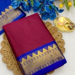 Women's Cotton Silk Striped Saree With Unstitched Blouse - 5.5 Mtr (Maroon-Royal Blue)