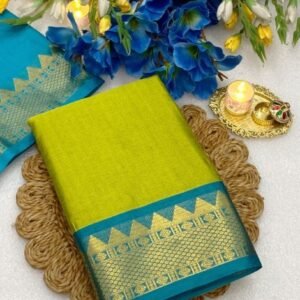 Women's Cotton Silk Striped Saree With Unstitched Blouse - 5.5 Mtr (Lemon Yellow-Teal Blue)