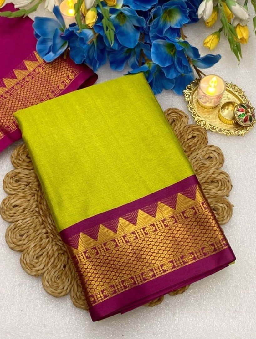 Women's Cotton Silk Striped Saree With Unstitched Blouse - 5.5 Mtr (Light Green-Purple)