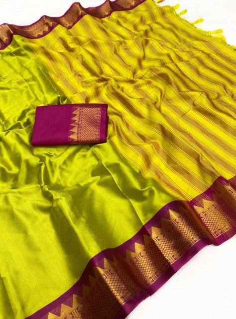 Women's Cotton Silk Striped Saree With Unstitched Blouse - 5.5 Mtr (Light Green-Purple) - Image 3