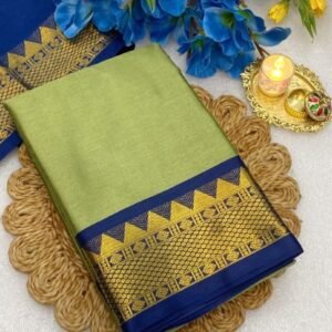 Women's Cotton Silk Striped Saree With Unstitched Blouse - 5.5 Mtr (Pista Green-Blue)