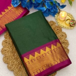 Women's Cotton Silk Striped Saree With Unstitched Blouse - 5.5 Mtr (Dark Green-Magenta)