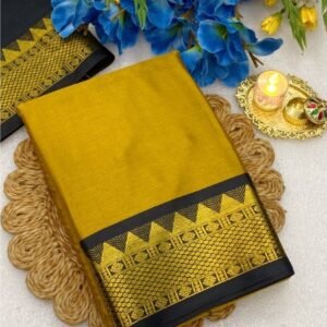 Women's Cotton Silk Striped Saree With Unstitched Blouse - 5.5 Mtr (Mustard Yellow-Black)