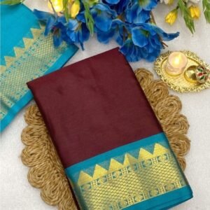 Women's Cotton Silk Striped Saree With Unstitched Blouse - 5.5 Mtr (Maroon-Turquoise)