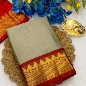 Women's Cotton Silk Striped Saree With Unstitched Blouse - 5.5 Mtr (Beige-Red)