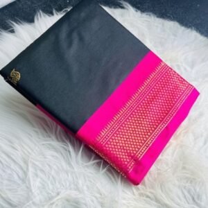 Women's Cotton Silk Solid Saree With Unstitched Blouse - 5.5 Mtr (Black-Pink)
