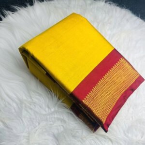 Women's Cotton Silk Solid Saree With Unstitched Blouse - 5.5 Mtr (Yellow-Red)