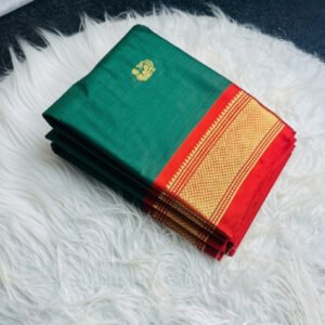 Women's Cotton Silk Solid Saree With Unstitched Blouse - 5.5 Mtr (Dark Green-Red)