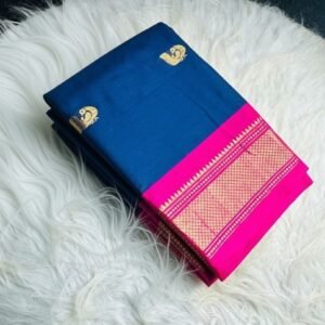 Women's Cotton Silk Solid Saree With Unstitched Blouse - 5.5 Mtr (Navy Blue-Pink)