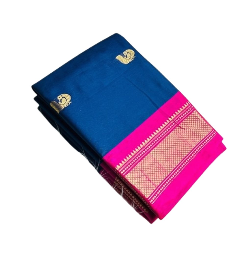 Women's Cotton Silk Solid Saree With Unstitched Blouse - 5.5 Mtr (Navy Blue-Pink) - Image 2