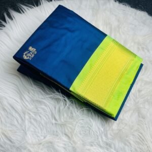 Women's Cotton Silk Solid Saree With Unstitched Blouse - 5.5 Mtr (Navy Blue-Light Green)