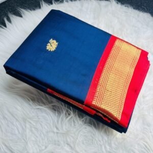 Women's Cotton Silk Solid Saree With Unstitched Blouse - 5.5 Mtr (Navy Blue-Red)
