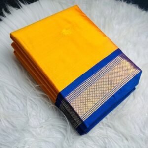 Women's Cotton Silk Solid Saree With Unstitched Blouse - 5.5 Mtr (Yellow-Blue)