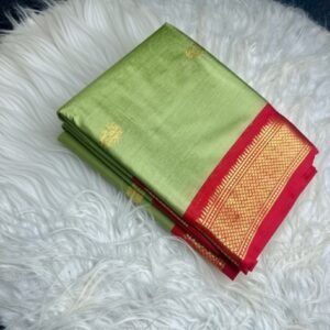 Women's Cotton Silk Solid Saree With Unstitched Blouse - 5.5 Mtr (Pista Green-Red)