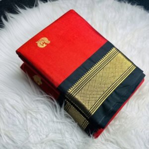 Women's Cotton Silk Solid Saree With Unstitched Blouse - 5.5 Mtr (Red-Black)
