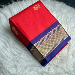 Women's Cotton Silk Solid Saree With Unstitched Blouse - 5.5 Mtr (Red-Blue)
