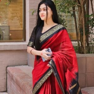 Women's Linen Striped Saree With Unstitched Blouse - 5.5 Mtr (Red-Black)