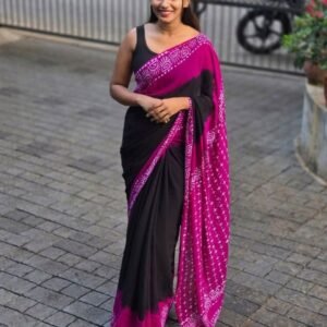 Women's Linen Printed Saree With Unstitched Blouse - 5.5 Mtr (Black-Pink)