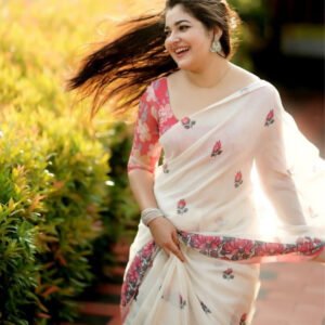 Women's Linen Floral Printed Saree With Unstitched Blouse - 5.5 Mtr (Off White)