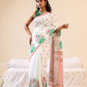 Women's Linen Floral Printed Saree With Unstitched Blouse - 5.5 Mtr (White)