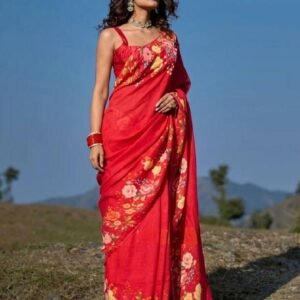 Women's Linen Floral Printed Saree With Unstitched Blouse - 5.5 Mtr (Red)