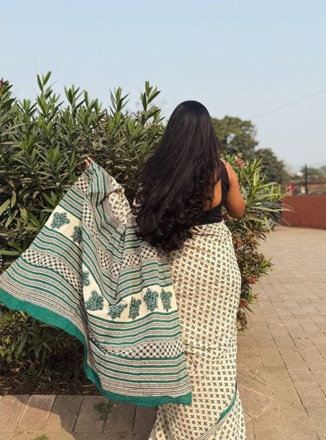 Women's Linen Printed Saree With Unstitched Blouse - 5.5 Mtr (Off White) - Image 3