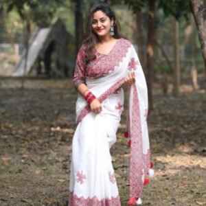 Women's Linen Floral Printed Saree With Unstitched Blouse - 5.5 Mtr (White-Red)