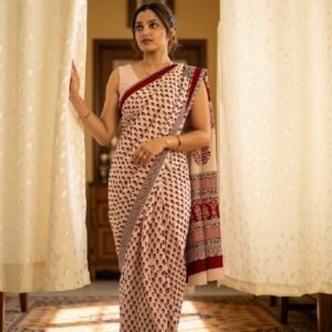 Women's Linen Printed Saree With Unstitched Blouse - 5.5 Mtr (Off White)