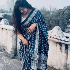 Women's Linen Printed Saree With Unstitched Blouse - 5.5 Mtr (Navy Blue)