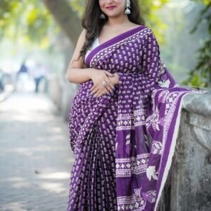 Women's Linen Printed Saree With Unstitched Blouse - 5.5 Mtr (Purple)