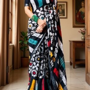 Women's Linen Floral Printed Saree With Unstitched Blouse - 5.5 Mtr (Multicolor)