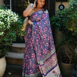 Women's Linen Floral Printed Saree With Unstitched Blouse - 5.5 Mtr (Multicolor)