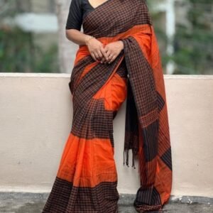 Women's Linen Checkered Saree With Unstitched Blouse - 5.5 Mtr (Orange-Black)