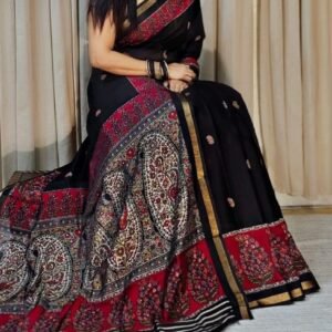 Women's Linen Kalamkari Printed Saree With Unstitched Blouse - 5.5 Mtr (Black-Red)