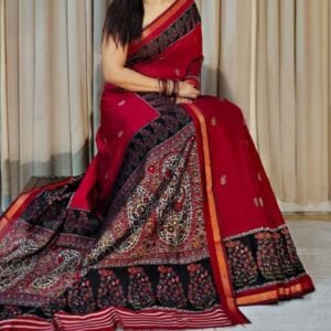 Women's Linen Kalamkari Printed Saree With Unstitched Blouse - 5.5 Mtr (Red-Navy Blue)