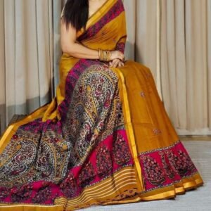 Women's Linen Kalamkari Printed Saree With Unstitched Blouse - 5.5 Mtr (Mustard-Yellow-Magenta)