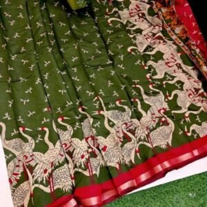 Women's Linen Kalamkari Printed Saree With Unstitched Blouse - 5.5 Mtr (Olive Green-Red)