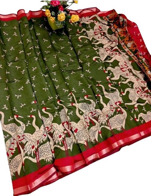 Women's Linen Kalamkari Printed Saree With Unstitched Blouse - 5.5 Mtr (Olive Green-Red) - Image 2
