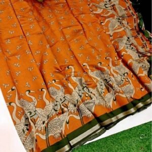 Women's Linen Kalamkari Printed Saree With Unstitched Blouse - 5.5 Mtr (Orange-Green)
