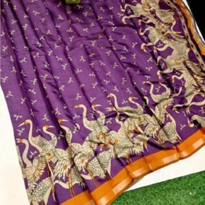 Women's Linen Kalamkari Printed Saree With Unstitched Blouse - 5.5 Mtr (Purple-Orange)