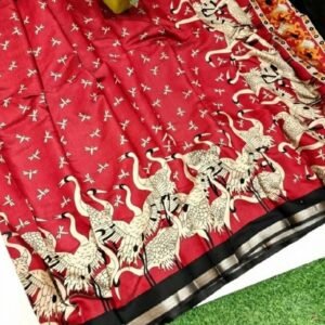 Women's Linen Kalamkari Printed Saree With Unstitched Blouse - 5.5 Mtr (Red-Black)