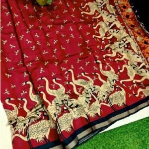 Women's Linen Kalamkari Printed Saree With Unstitched Blouse - 5.5 Mtr (Red-Navy Blue)