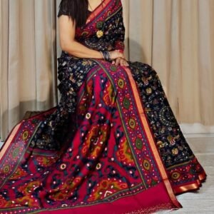 Women's Linen Printed Saree With Unstitched Blouse - 5.5 Mtr (Black-Pink)
